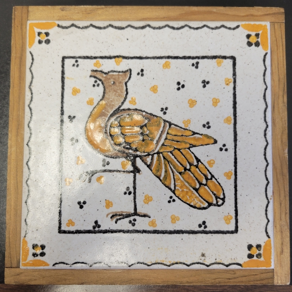 Unique S Marco Vintage Italian Bird Tile Trivet or Hotplate. Framed in Wood 1978